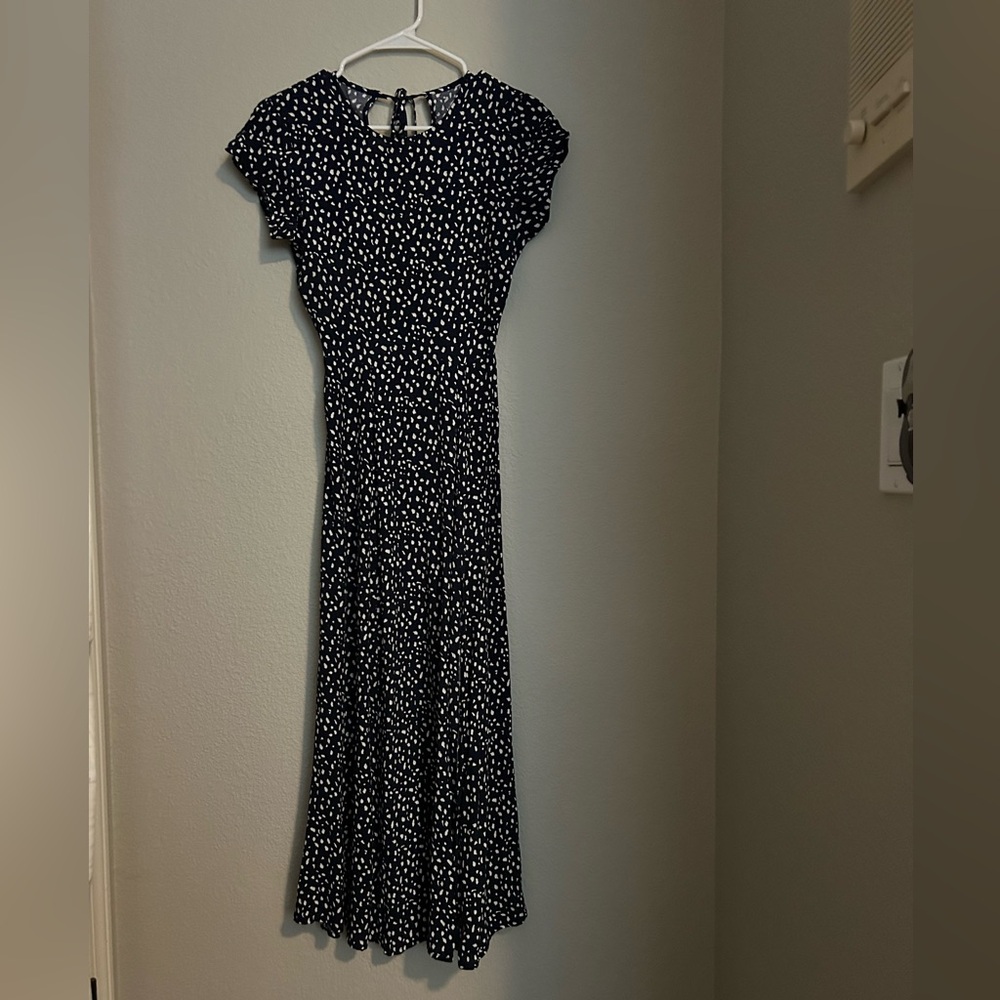 Urban Outfitters Navy White Polka Dot Midi Dress – Cutout Back, Cap Sleeves, SP